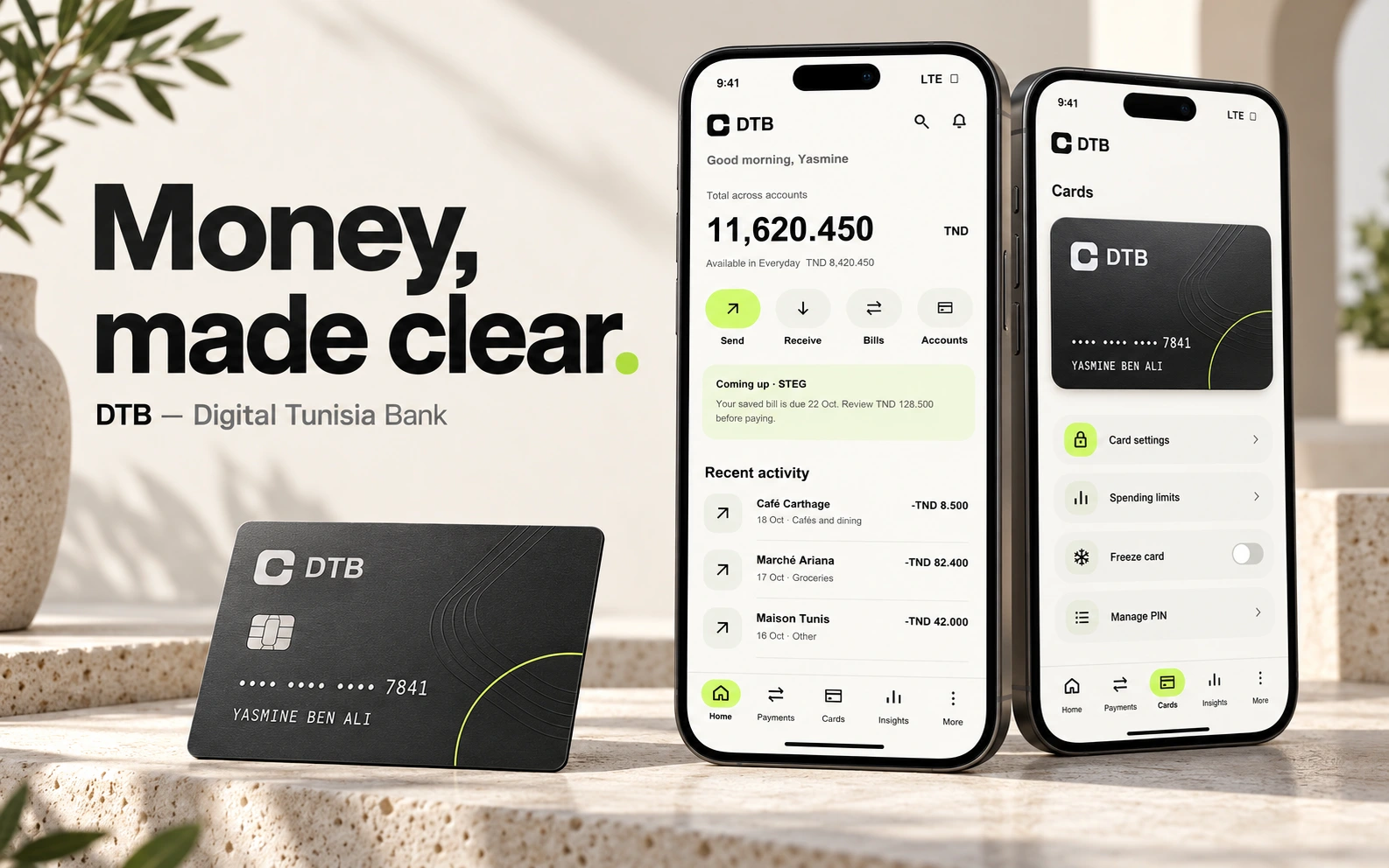 DTB identity, graphite bank card and mobile interface in a warm studio composition