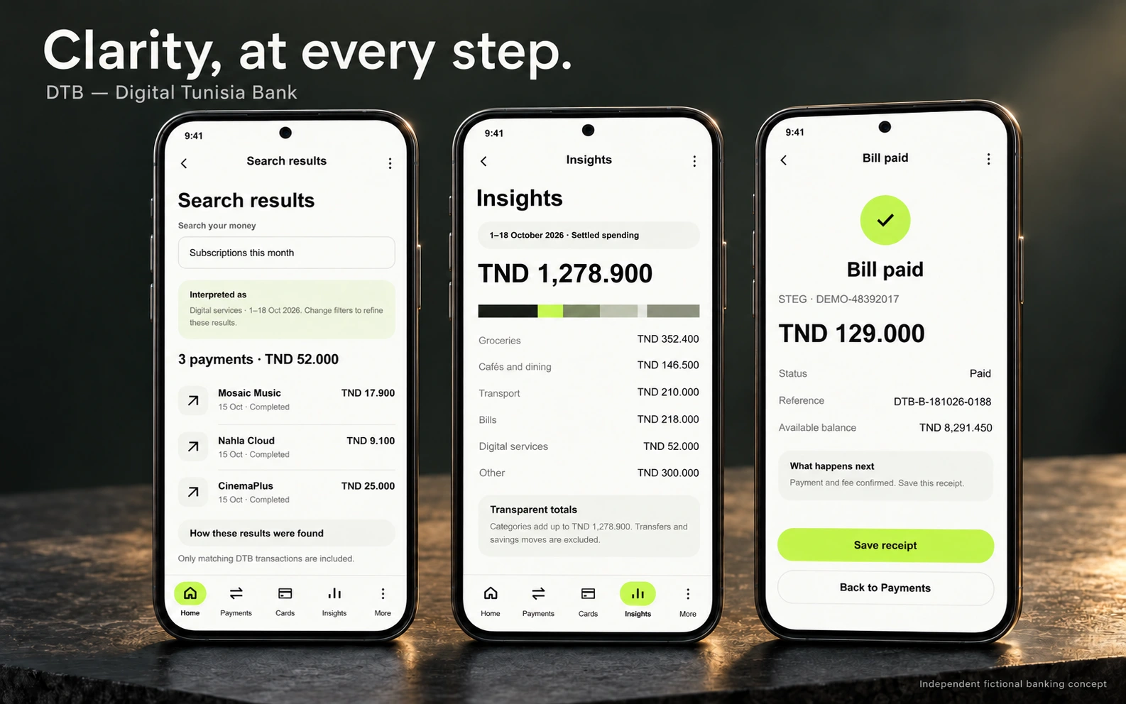 Final DTB search, spending and bill-payment screen showcase