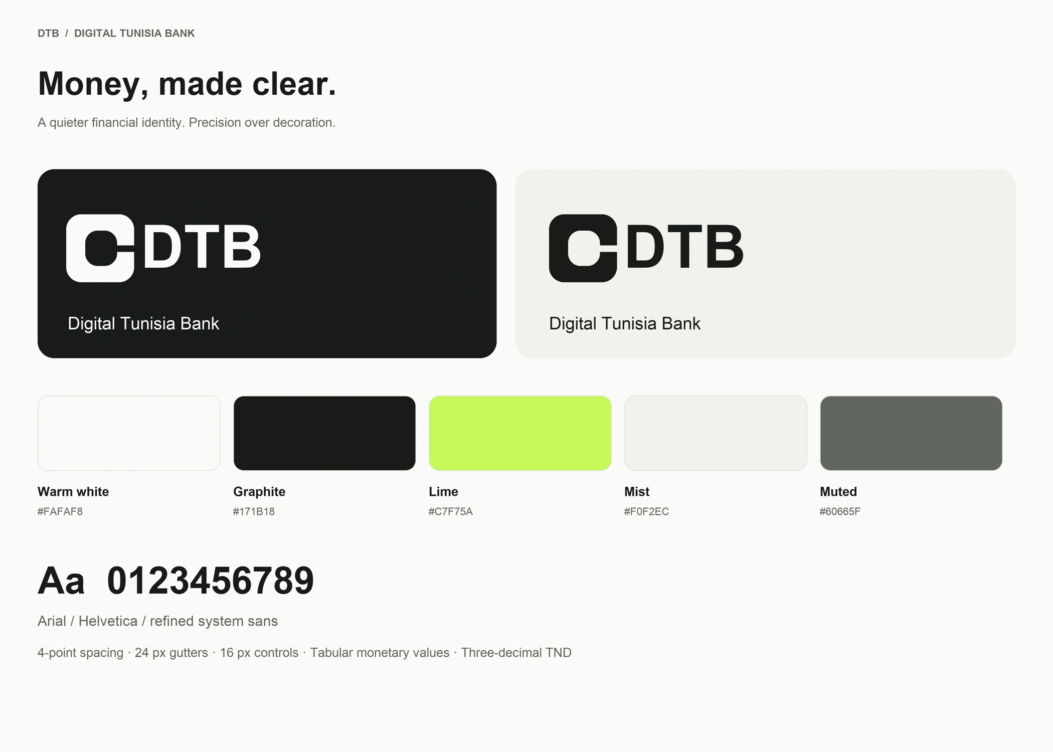 DTB brand foundations with light and dark wordmarks, color values and typography