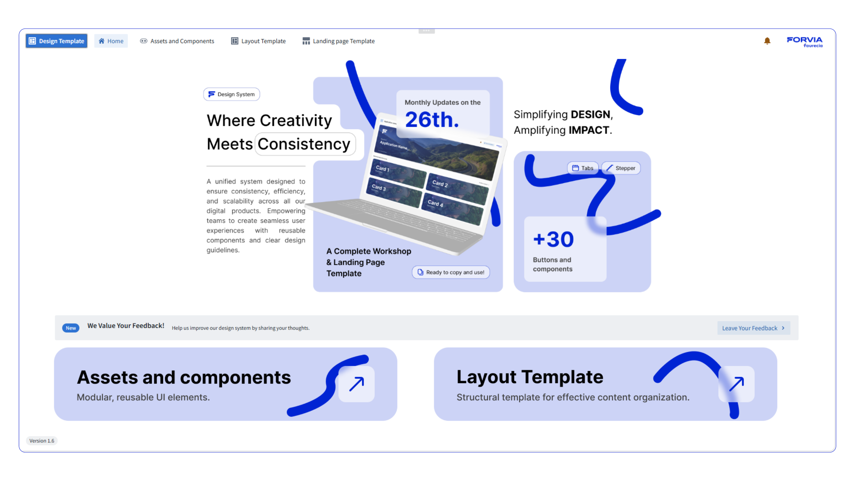 FORVIA Palantir design-system screenshot showing component and layout foundations.