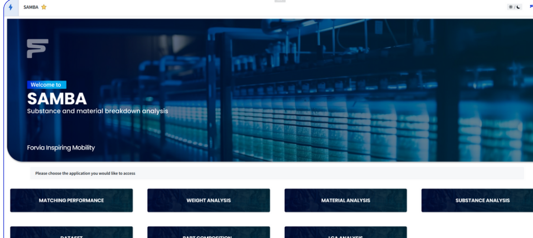 Samba product example from the FORVIA Palantir ecosystem, showing a home dashboard built with the design system.