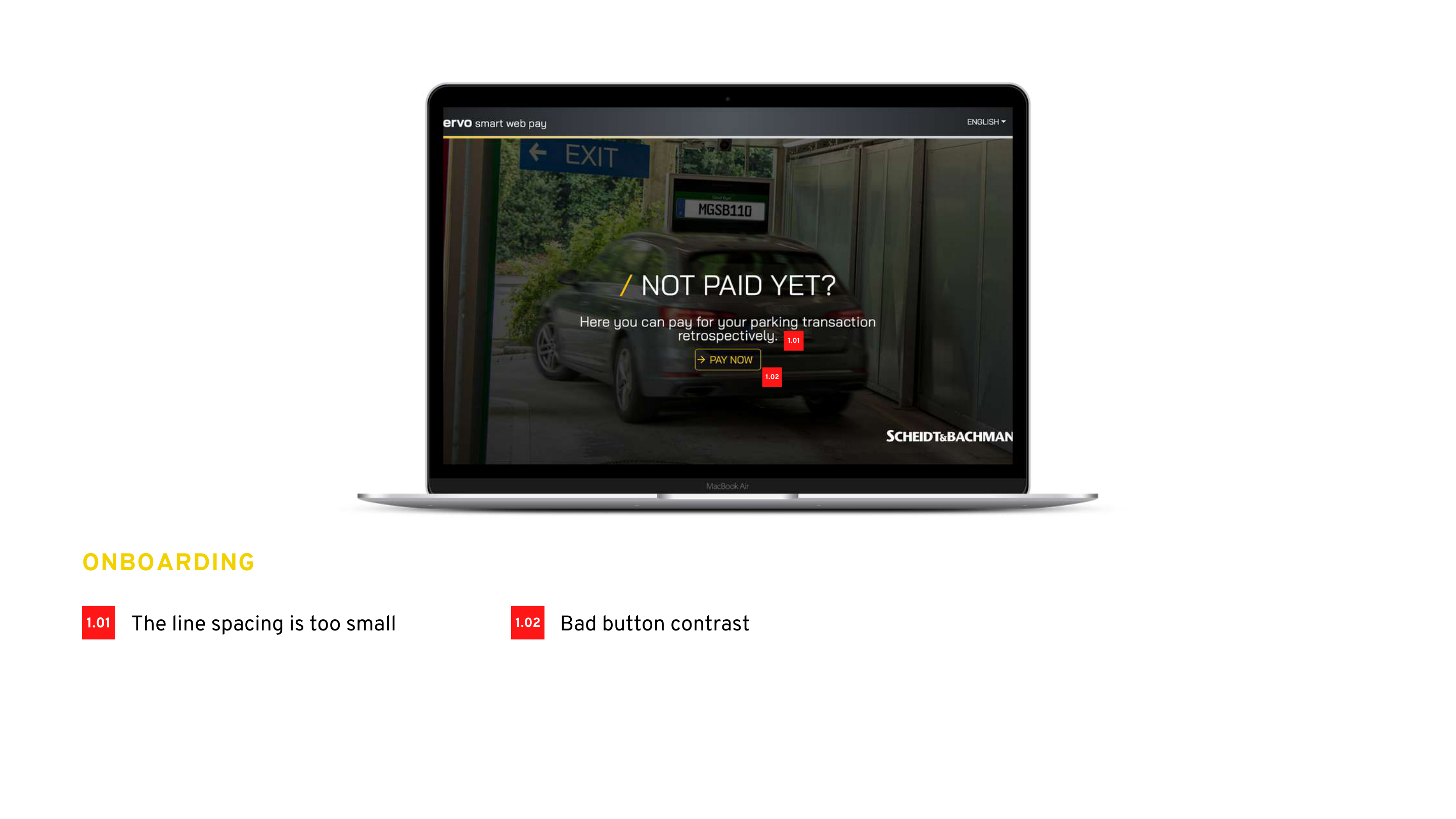 UX audit screenshot from the Smart Web Pay deck highlighting onboarding issues such as line spacing and button contrast.