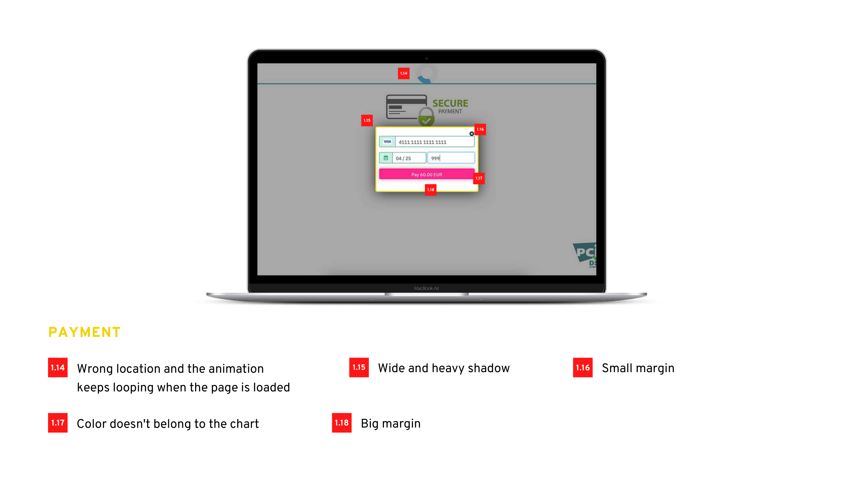 Payment audit screenshot from the Smart Web Pay deck showing layout, spacing, and motion issues in payment states.