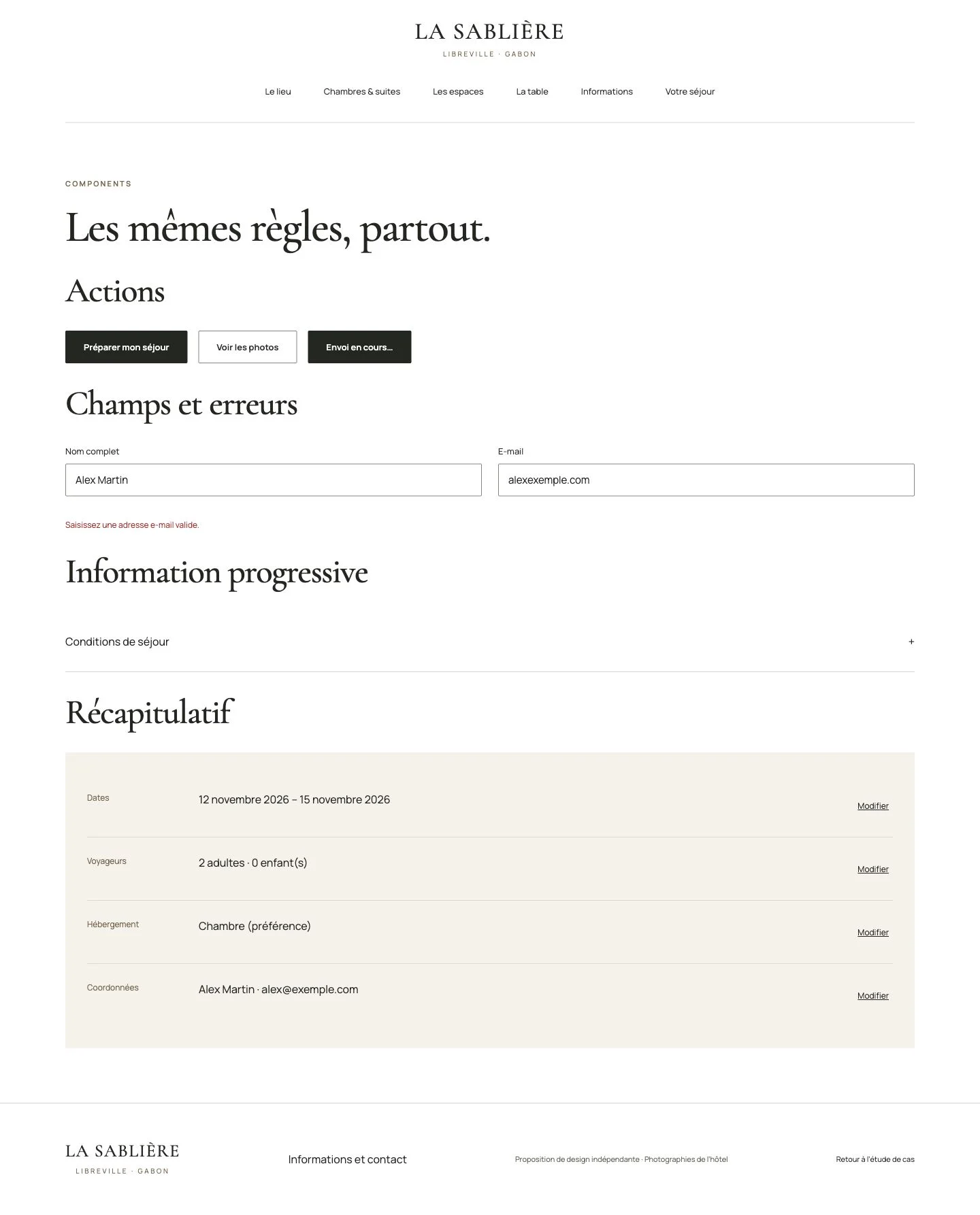 Components / actions, fields and information states