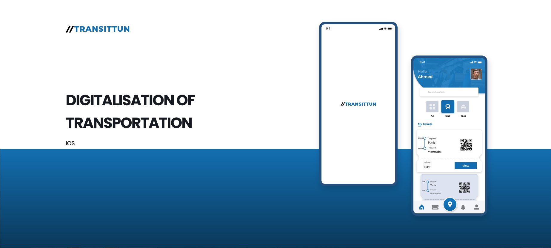 Transitun original portfolio hero showing the transportation digitalization concept and mobile ticketing screens.