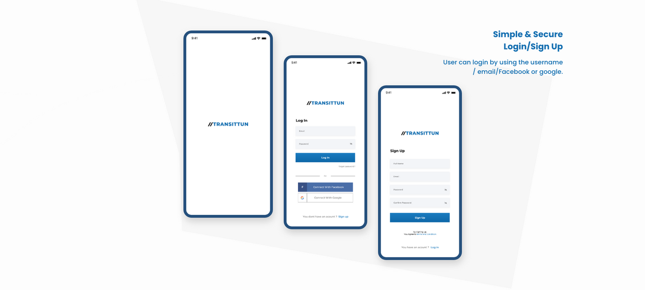 Transitun login and sign-up use case screens from the original concept portfolio.
