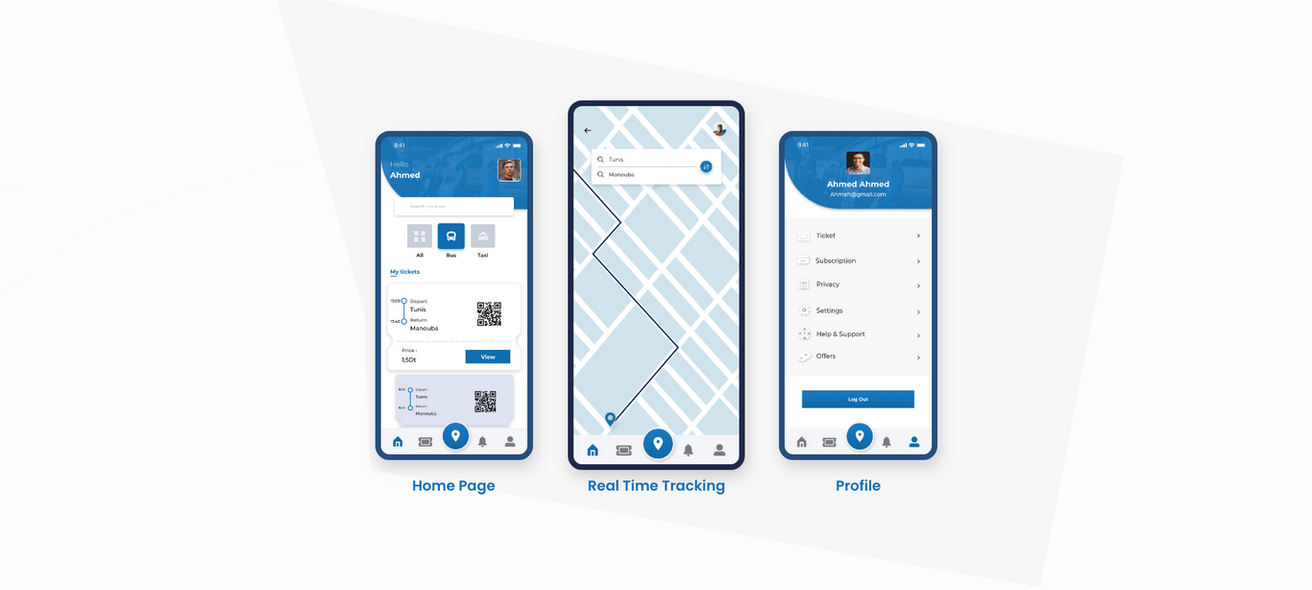 Transitun home, real-time tracking, and profile screens from the original concept portfolio.